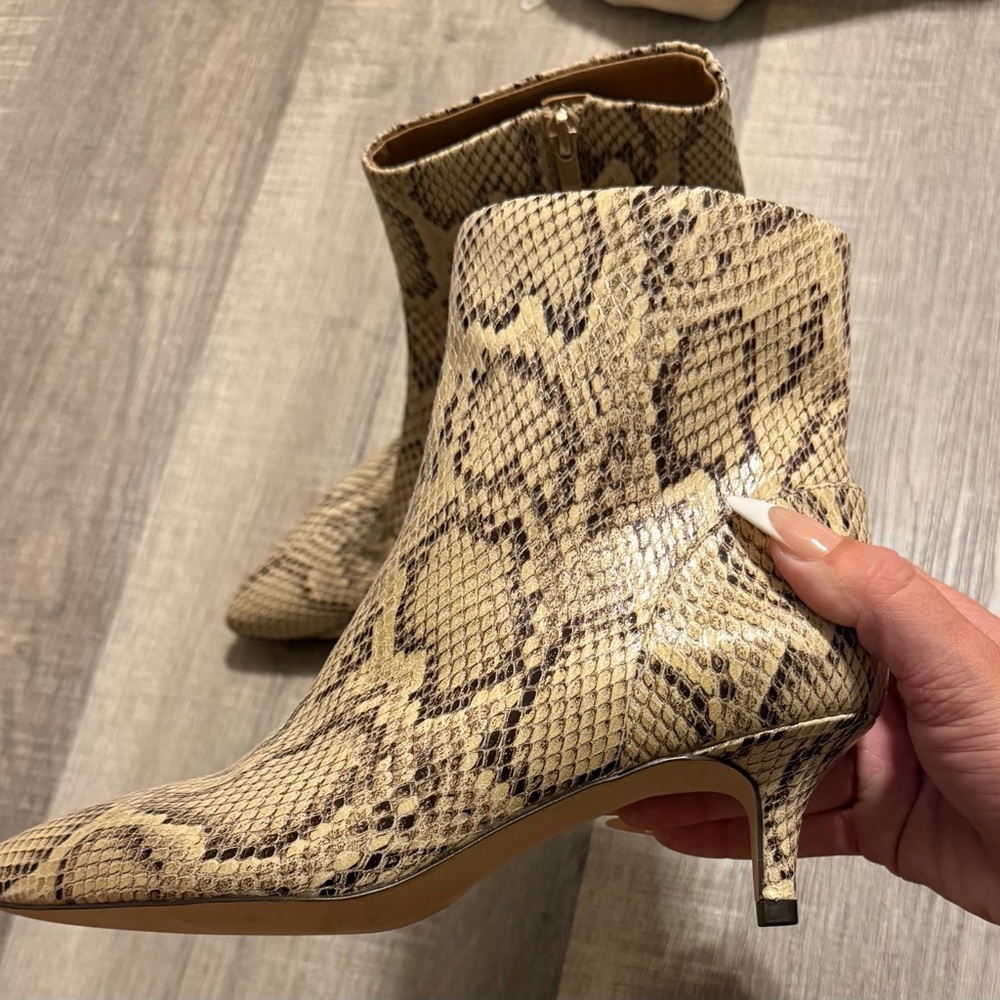 Beige Snake-Print Pointed Toe Ankle Booties